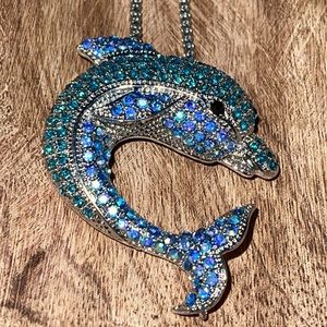 Beautiful Dolphin NEW Pendant Brooch Necklace Combo Pin AB Rhinestones Silver